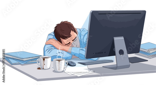 Illustration of an exhausted office worker slumped at his desk with his head down next to a steaming mug, portraying work burnout in a modern style against a clean white background
