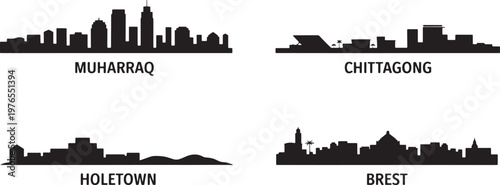 International port cities skyline silhouettes for muharraq chittagong holetown and brest art