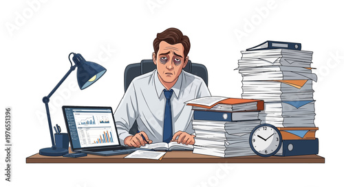 Illustration of an exhausted office worker dealing with burnout at work, depicted in a flat vector style with a muted color palette, showing him sitting at a desk overloaded with files next