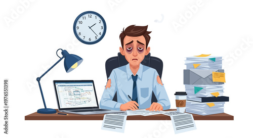 An exhausted office worker is illustrated in a vector graphic, showing burnout at work as he sits at his desk with a laptop, stack of papers, and coffee against a clean white background