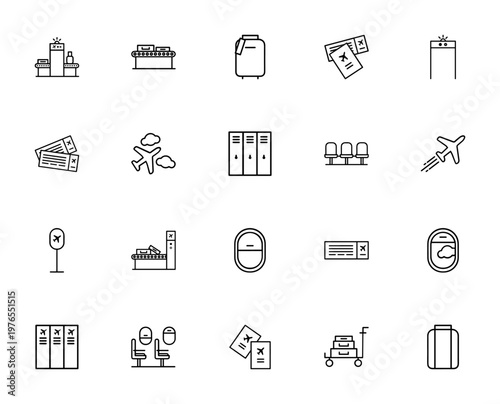 Airport icon set. Vector symbols for scanner, conveyor, luggage, airplane, tickets, waiting room and more. Minimalist travel icons.