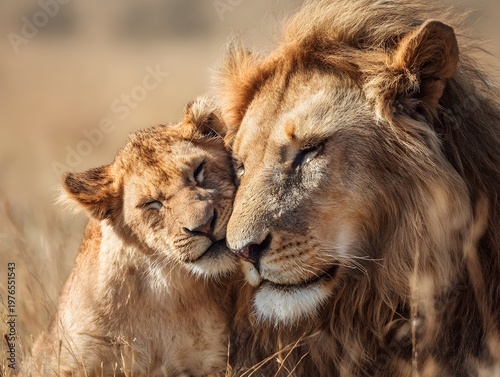 Wildlife photography of lion and cub bonding in the savannah 