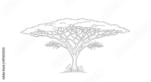 Dragon Tree Silhouette Outline Drawing Isolated White Background