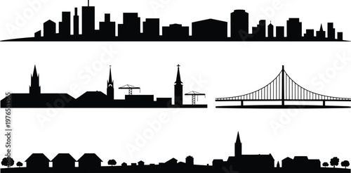 Modern urban skyline and suburban town silhouettes featuring suspension bridge and park trees