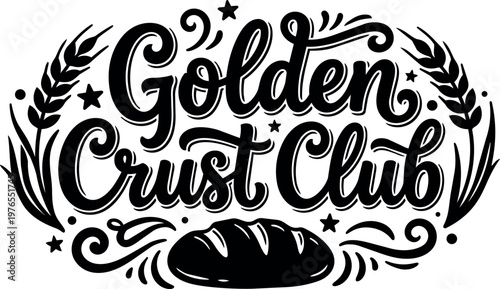 Black and white golden crust club lettering with loaf and wheat vector art