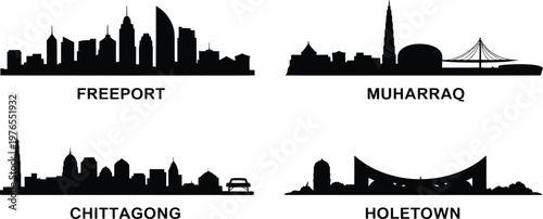 Silhouette skyline of porto novo and phuntsholing cityscapes featuring distinct urban profiles