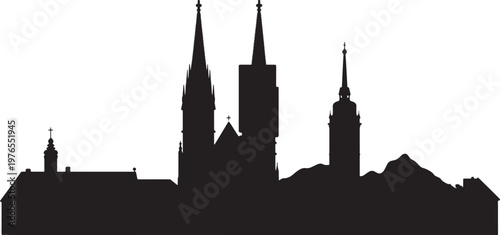 Silhouette skyline of european city featuring gothic churches towers and building outlines