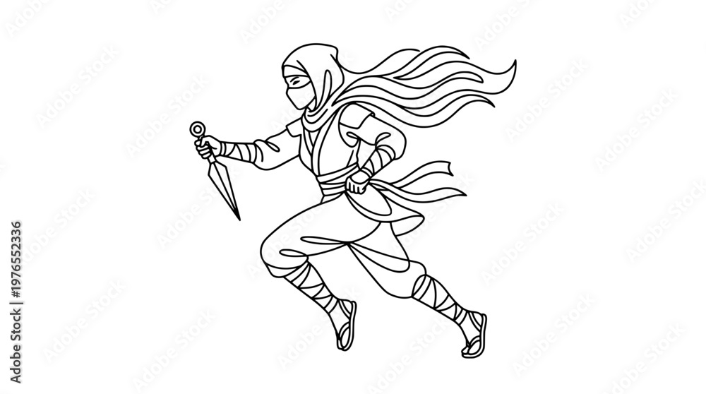 Fototapeta premium Monoline Female Ninja with Kunai Minimalist Logo