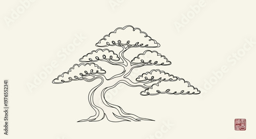 Minimalist Japanese Bonsai Tree Illustration, Ink Wash Style, Zen Art