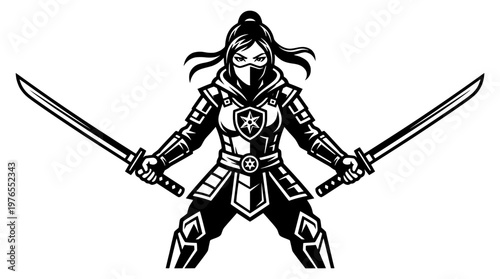 Dual Sword Female Ninja Emblem Badge Vector