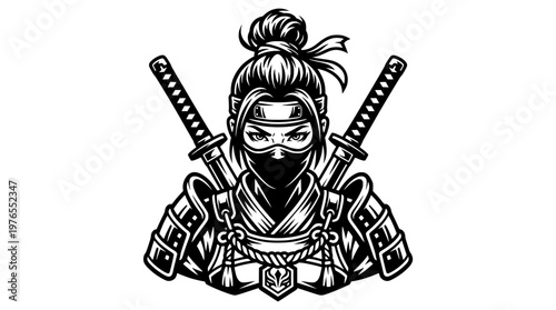 Female Ninja Logo Vector with Crossed Katana Emblem