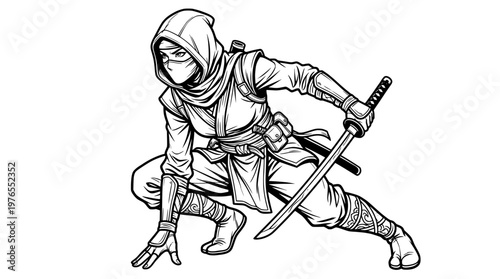 Stealth Female Ninja Crouching Pose Outline Vector
