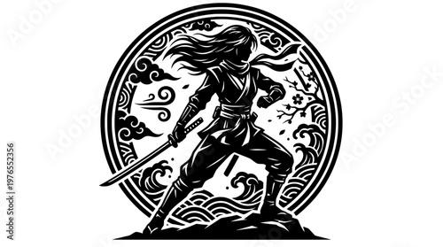 Female Ninja Silhouette with Red Sun Style Frame (Black White Version)