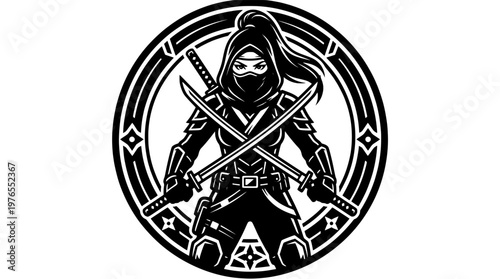 Dual Sword Female Ninja Emblem Badge Vector