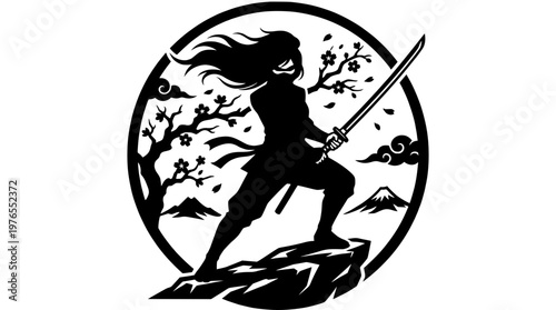Female Ninja Silhouette with Red Sun Style Frame (Black White Version)