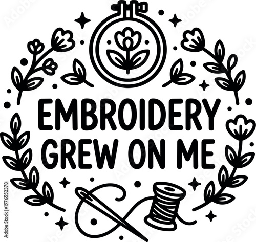 Embroidery grew on me floral wreath with hoop needle and thread vector art