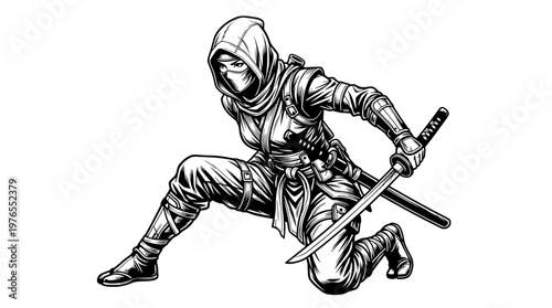 Stealth Female Ninja Crouching Pose Outline Vector