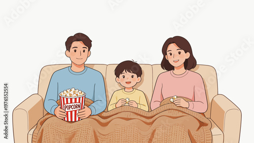 Family watching movie with popcorn