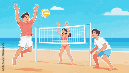 Beach volleyball game with three players