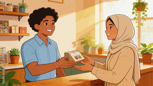 man and woman exchanging box in shop