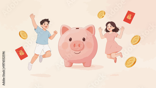 Two people jumping near a piggy bank