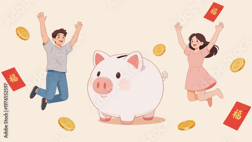 Two people jumping with piggy bank