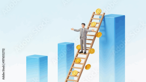 Businessman climbing ladder with coins