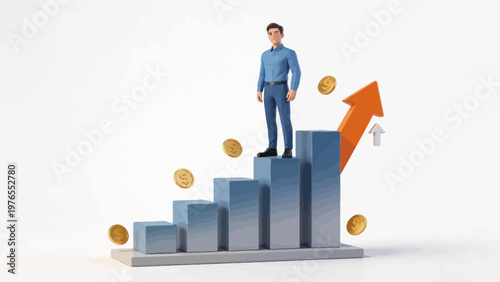 Businessman on rising bar chart