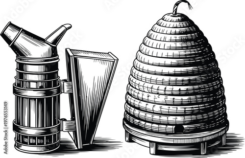 Beekeeping smoker and traditional skep beehive, vintage engraved style, black and white graphic, detailed woodcut illustration for apiculture design. isolated on white background
