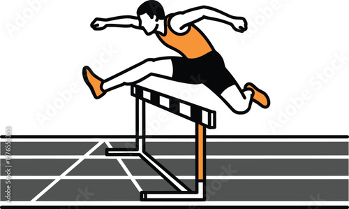 Dynamic hurdler athlete jumping over an obstacle on a running track a flat vector illustration for sports competition and challenge concepts