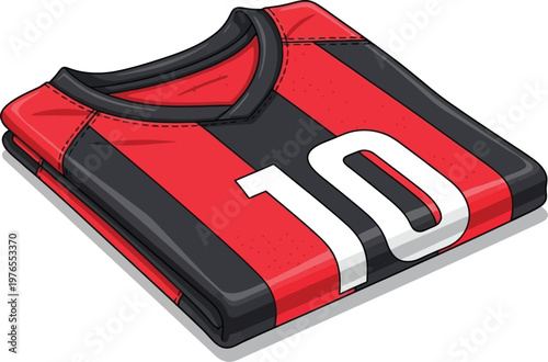 A folded red and black striped soccer jersey featuring the number 10 a vibrant vector illustration ideal for sports apparel fan gear and team spirit designs