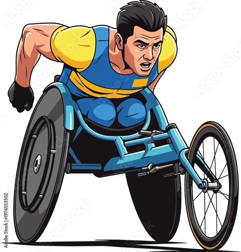 Dynamic male athlete in a racing wheelchair demonstrating speed and determination in a competitive sports event vector illustration isolated on white background