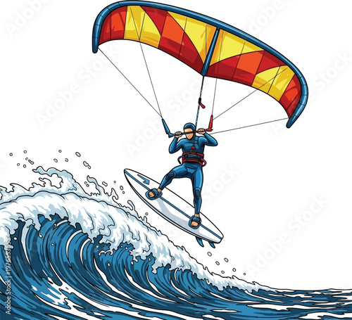 Dynamic hand-drawn illustration of a kitesurfer riding a large ocean wave depicting extreme water sports and an active summer lifestyle isolated on white