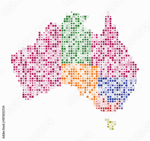 Australia, shape of the country build of colored cells. Digital style map of the Australia on white background. Small size square blocks. Awesome vector illustration.