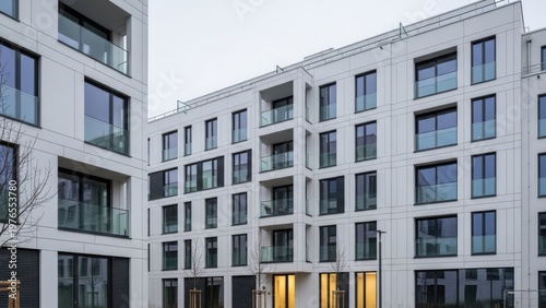 A modern white apartment building with many windows and balconies