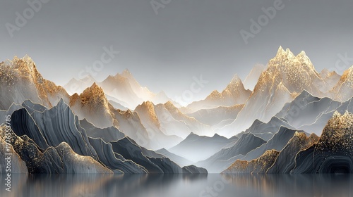 Matte mineral pigment gold leaf minimalist landscape expansive negative space gold rimmed mountains macro