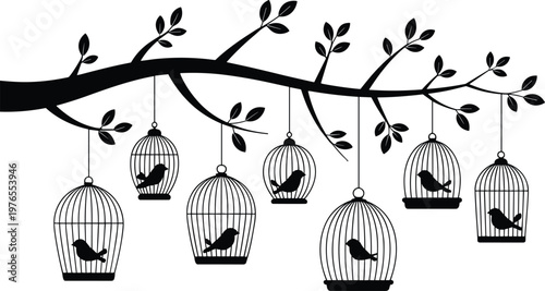 PrintBirdcage silhouettes, tree branch design, hanging cages, birds inside, nature contrast, confinement theme, decorative art, black outline, creative illustration