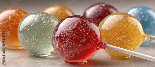 Close-up of colorful, sparkly spherical lollipops on white sticks