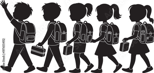 Black Silhouettes of Several School Children Walking in a Line with Backpacks and Bags Graphic
