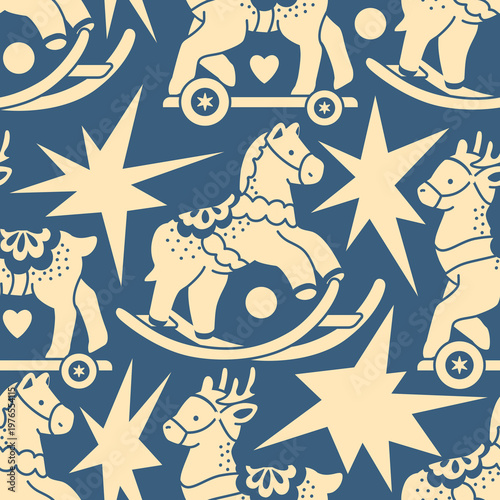 Modern silhouette background with playful nostalgic toy elements. Seamless retro monochrome rocking horse pattern.