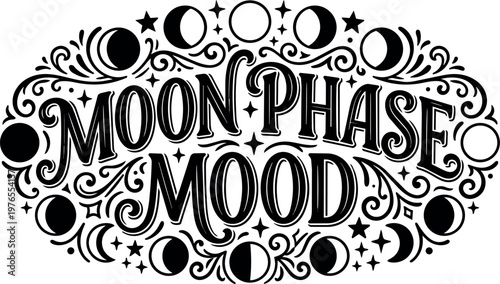 Black and white moon phase mood lettering with stars and swirls vector art