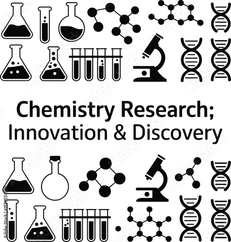 PrintSilhouette chemistry research icons, laboratory glassware DNA microscope molecular structure illustration, black vector artwork for science innovation and discovery