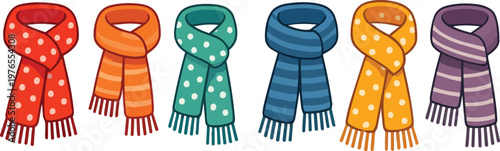 Six distinct winter scarves with polka dots stripes and tassels
