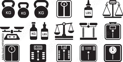 Collection of vector icons representing weights, scales, and legal symbols