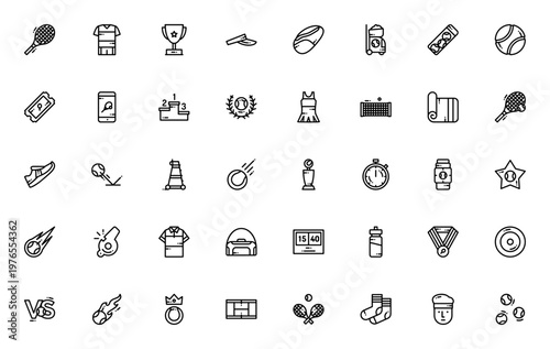Tennis icon set. Vector sports symbols pack. Includes racket, ball, trophy, court, player, medal, championship, shoes, net and more. Editable stroke.