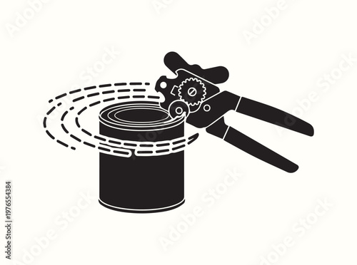 Isolated black icon of a manual can opener in cutting motion