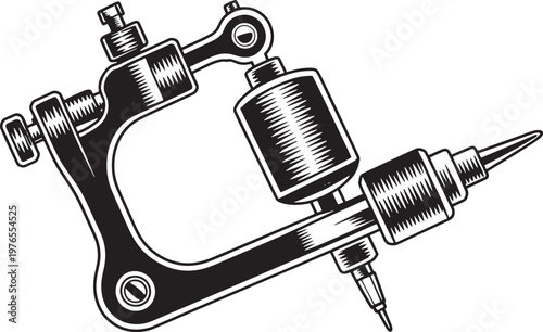 Detailed silhouette illustration of a classic tattoo machine with ink reservoir
