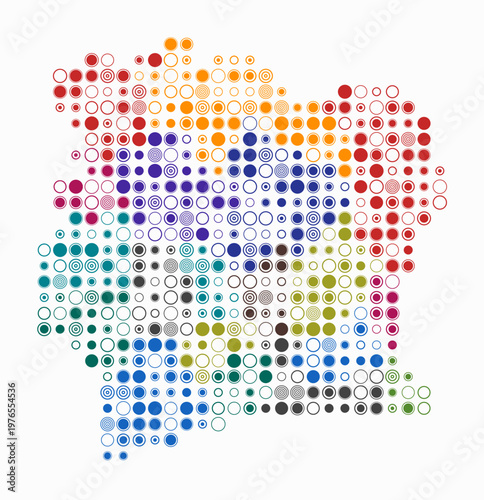 Cote d'Ivoire, shape of the country build of colored cells. Digital style map of the Cote d'Ivoire on white background. Large size circle blocks. Artistic vector illustration.