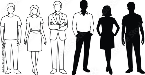 PrintSilhouette people collection, male female business casual figures, black and blue outline design, identity concept illustration for art and fashion