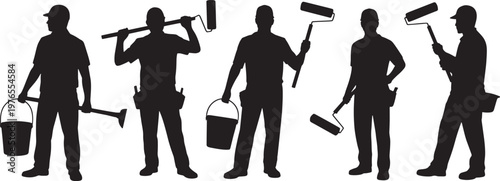 Diverse group of five construction workers with tools and buckets in silhouette